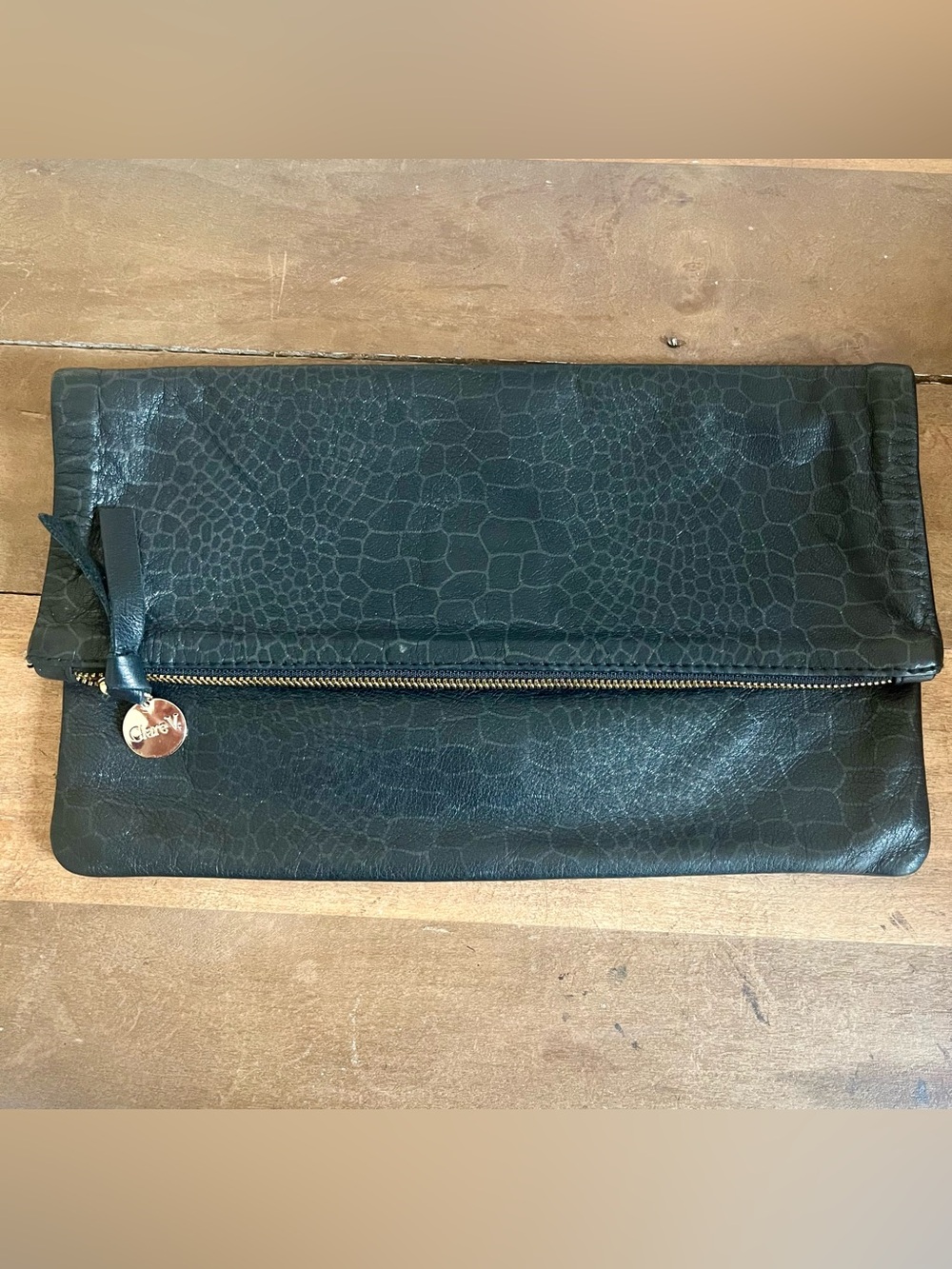 Clare V x Equipment Black Embossed Leather Foldover Clutch